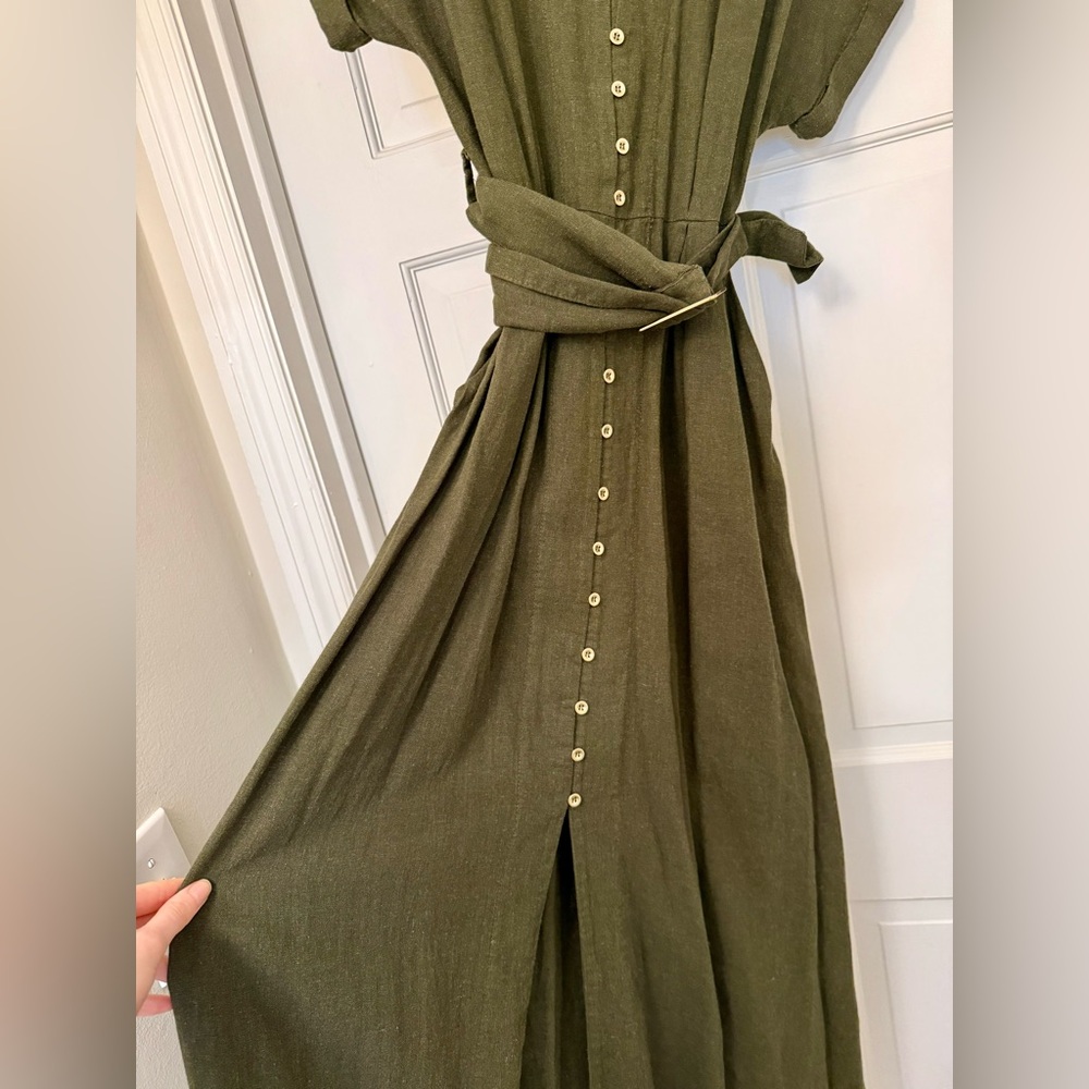 ZARA Olive Green Midi Shirt Dress with Button Front and Tie Belt Size XS - Picture 4 of 6